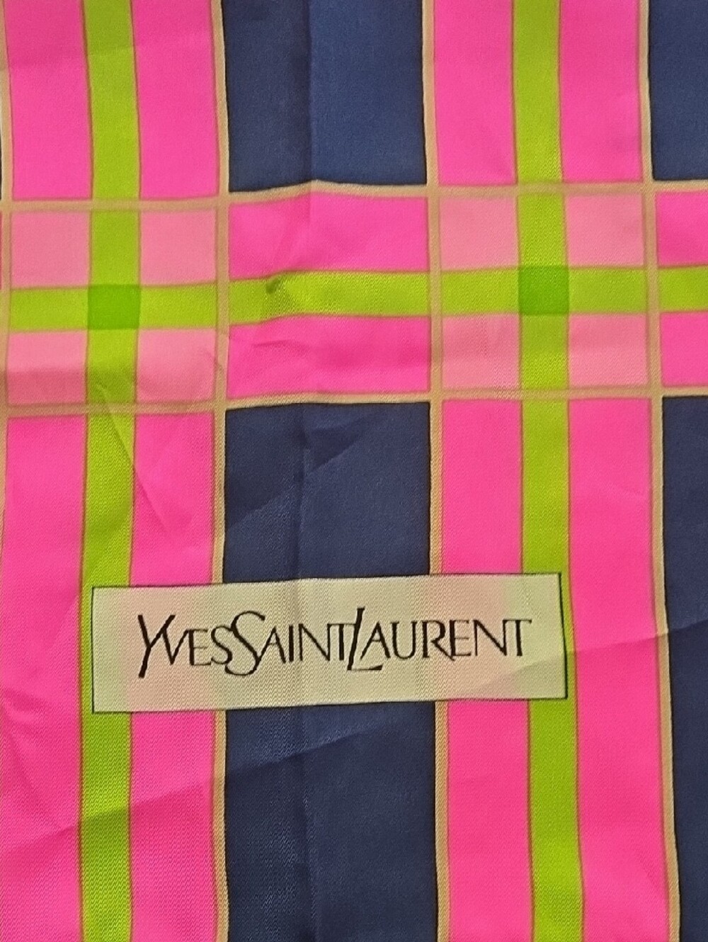 Yves Saint Laurent Pink Lime Green Navy Plaid Silk Scarf
